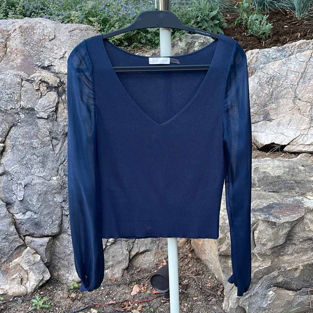 Ramy Brook blouse in navy sheer sleeves